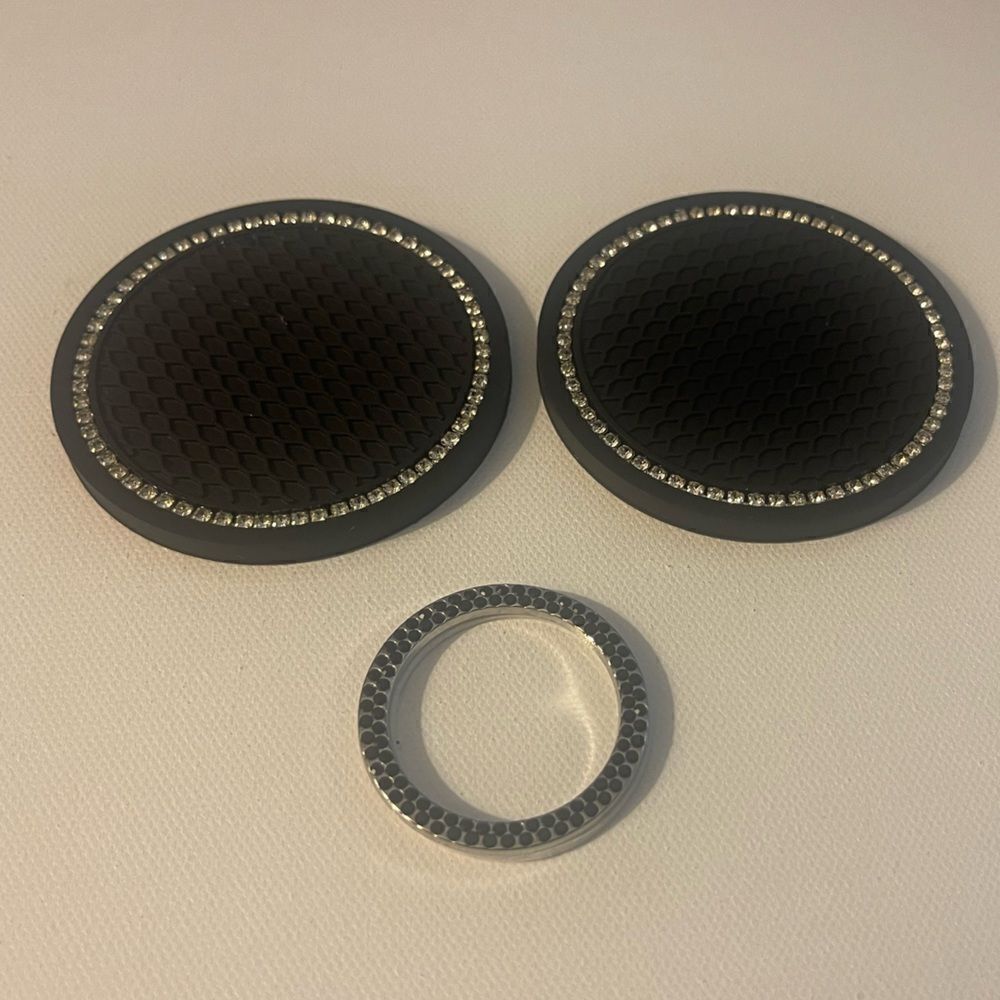 Black Bling Car Cup Coasters and Start Button Cover in Black Bling Set of 3 NWT
